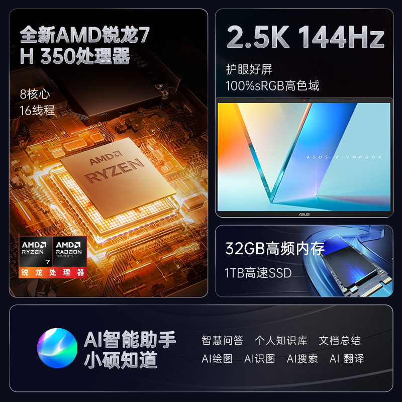 华硕无畏Pro16锐龙版Al7 H350 16英寸2.5K 144Hz高刷超轻薄性能办公商务学生笔记本电脑
